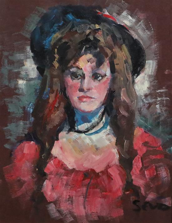 § Sherree Valentine-Daines (1956-) Portrait of a young woman wearing a red dress and bonnet 10 x 7.5in.